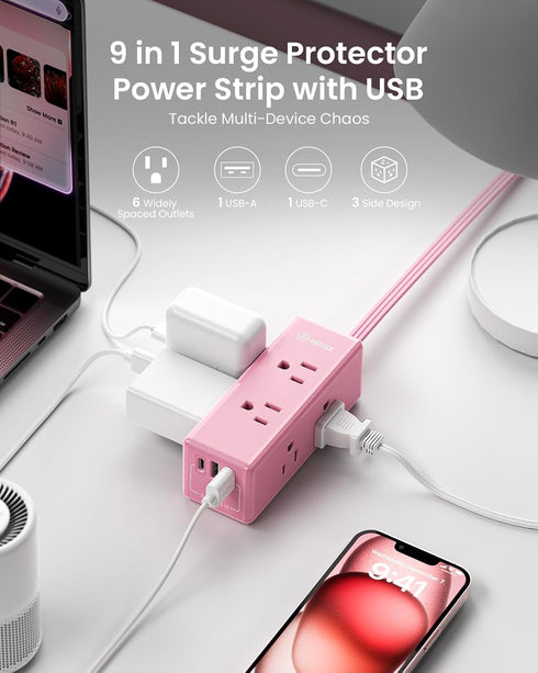 HONIZER 10ft 6 3 (1 Pink Extension Cord, Power Strip Flat Cord, Outlets & USB Ports USB-C), Cute,Wall Mount for Home
