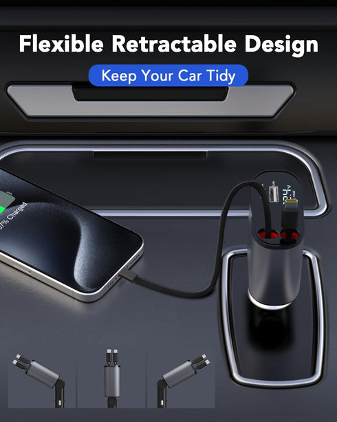 Retractable Car Charger, 4 in 1 Fast Phone Charger 66W with 2 Retractable Cables for iPhone 15/14/13/12/11