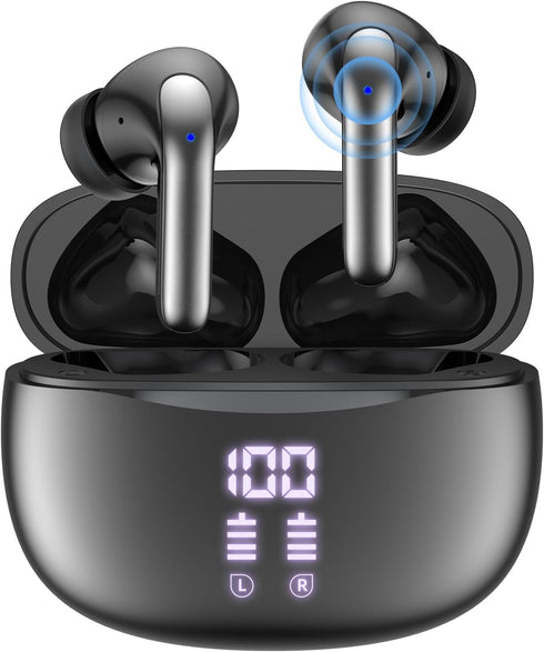 Wireless Bluetooth Earbuds, 50H Playback Deep Bass Stereo Headphones with Dual Mic, Waterproof Charging Case for iPhone