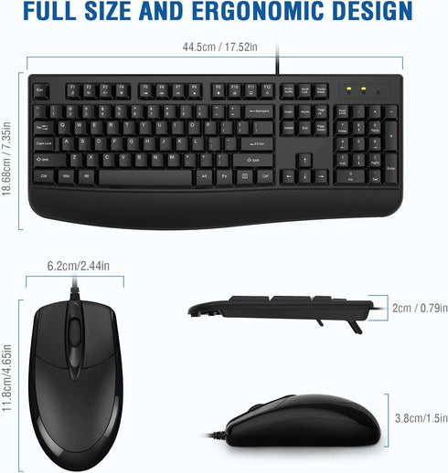 Wired Keyboard and Mouse Combo, EDJO Full-Sized Ergonomic Computer Keyboard with Palm Rest and Optical Mouse