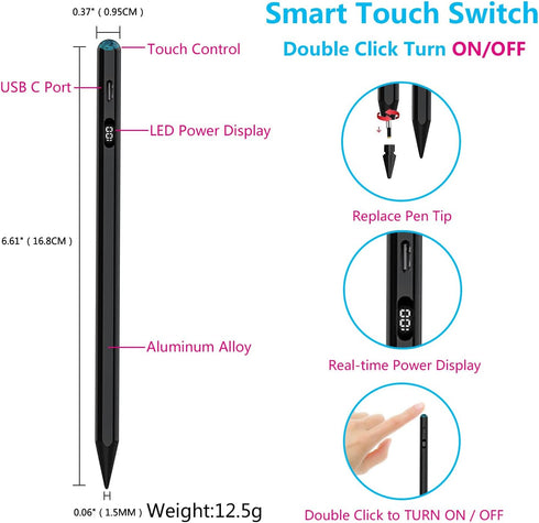 iPencil for iPad, LED Power Display, Pencil with Palm Rejection & Tilt Sensitivity, Stylus Pen for iPad 6/7/8/9/10,