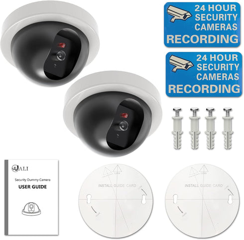 WALI Dummy Fake Security CCTV Dome Camera with Flashing Red LED Light and Security Alert Sticker Decals, 2 Packs, White