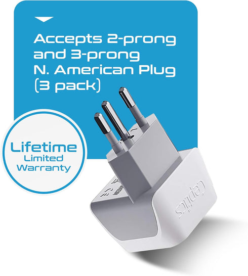 Ceptics Brazil Travel Adapter Plug, Dual USA Input - Type N (3 Pack), Ultra Compact and Safe Grounded