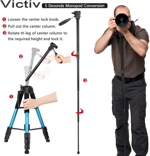 Victiv 72 inch Camera Tripod, Tall Tripod for Camera Cell Phone, Heavy Duty Stand, Professional Aluminum Monopod,