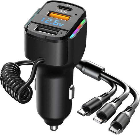 USB C Car Charger, 3-Port Fast Charger PD3.0 & QC3.0 with LED Digital Display, Cigarette Lighter Adapter for Most Cell