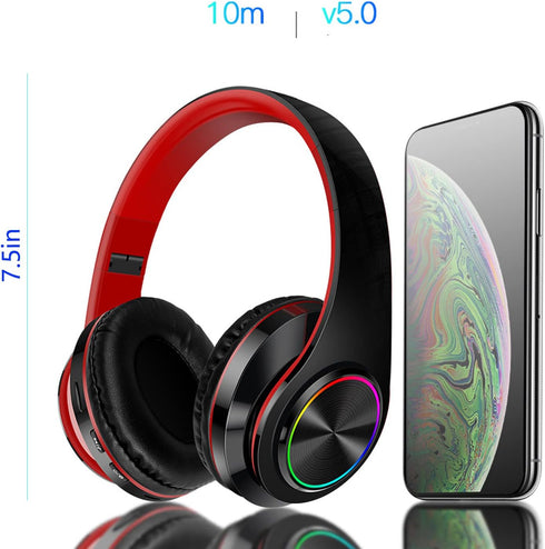 Wireless Bluetooth Headphones with Colorful LED Lights, Foldable HiFi Stereo for Home Office and Kids (Black Red)