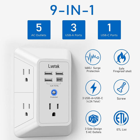 5-Outlet Wall Charger Surge Protector with 4 USB Ports - 1680J Multi Plug for Home, Office, Travel