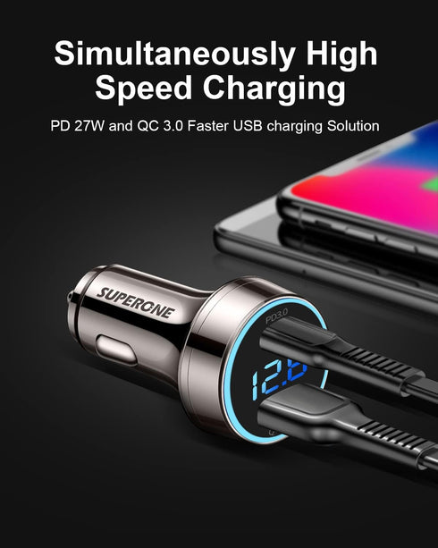 SUPERONE USB C Car Charger, 45W Dual USB Adapter with 27W/20W PD Port, Fast QC3.0 for iPhone 15, Pixel, Samsung and More