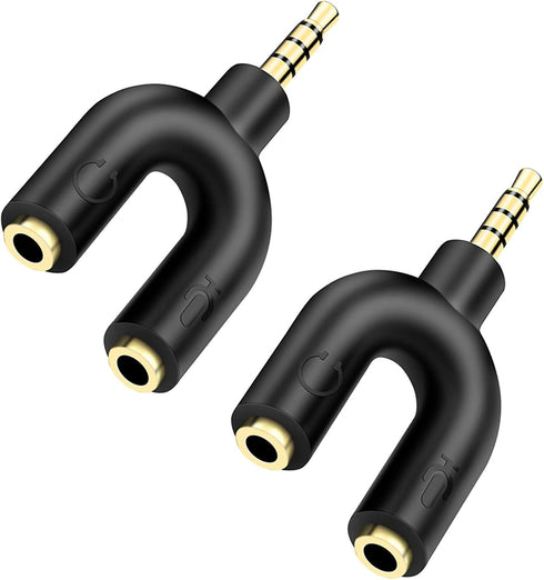 Mini U Shape Headphone Mic Splitter, 1 Male to 2 Female AUX Audio Converter, 2 Pack