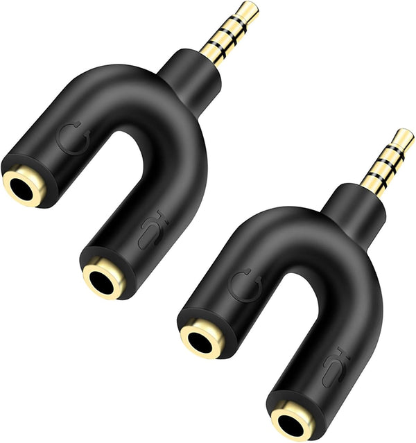 Mini U Shape Headphone Mic Splitter, 1 Male to 2 Female AUX Audio Converter, 2 Pack