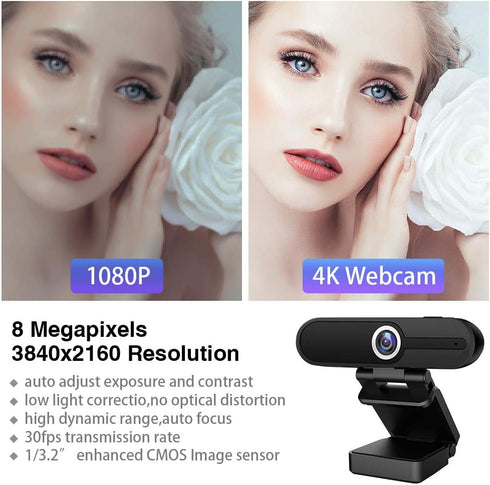 HDZIYU 4K 8MP Webcam with Microphone and Tripod, USB Web Camera for PC and Laptop, Widescreen for Video Calling