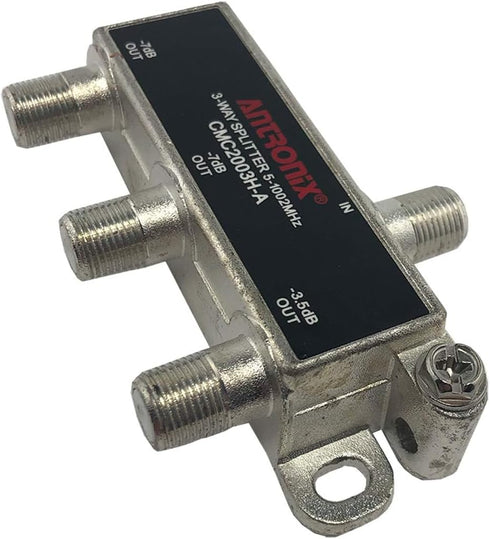 Antronix CMC2003H-A High Performance 3-Way Horizontal Splitter, -3.5dB -7dB, 5-1002 MHz for Coax Cable TV & Internet.