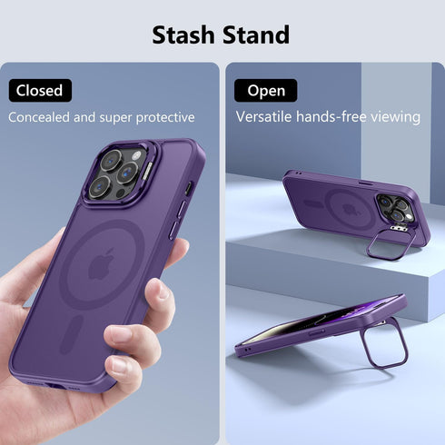 Magnetic Case for iPhone 14 Pro Max with Kicstand, Compatible with Magsafe, Built-in Camera Stash Sep d, Mileeary Protection, Skin Feeling Phone Case for iPhone 14 Pro Max, Deep Purple