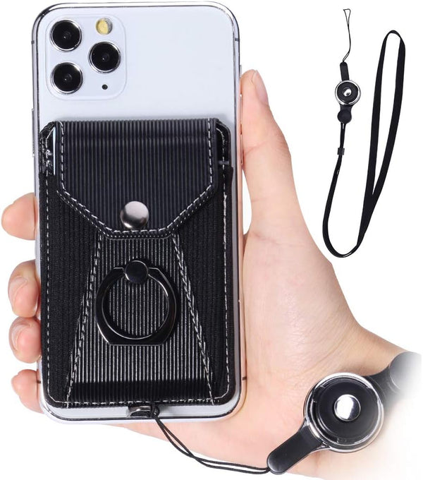 Cell Phone Card Holder, Adhesive Stick-on Credit Card Wallet Pocket with Detachable Neck Strap - Black