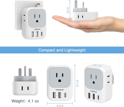 TESSAN US to UK Plug Adapter, Type G Travel Converter with 3 USB Charger and 4 Outlets for USA to UK