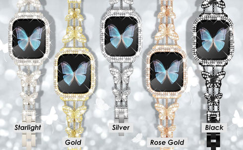 Wingle Rose Gold Apple Watch Bands 45mm for Women - iWatch Series 8 7 Butterfly Diamond Bracelet with Bling Screen
