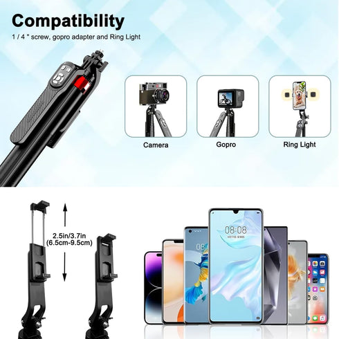 KONPCOIU 71"" 1 Extendable Phone Tripod, Selfie Stick Vlog Tripod Stand Quadrapod with All in Phone Clip, Travel Holder