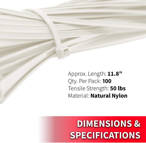 Standard Duty Self-Locking Nylon Cable Wire Ties, 11.8-Inch, 100-Pack, 50 lbs. Tensile Strength by Pro Tie