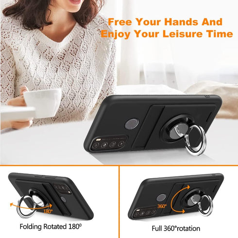 for TCL 30 XL T701DL Phone Case with Tempered Glass Screen Protector, Card Holder with Ring stand case for TCL 30 XL T701DL Cover - Black