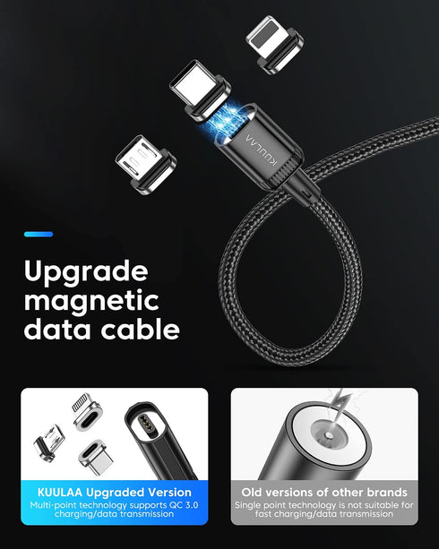 Kuulaa 3-Pack Magnetic Lightning Charging Cable, 3A Fast Charging, Nylon-Braided, 3-in-1 Tips, Compatible with All
