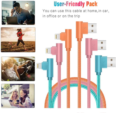 MFi Certified iPhone Charger 10FT 90 Degree Cable, 3 Pack, Nylon Braided Fast Charging for iPhone