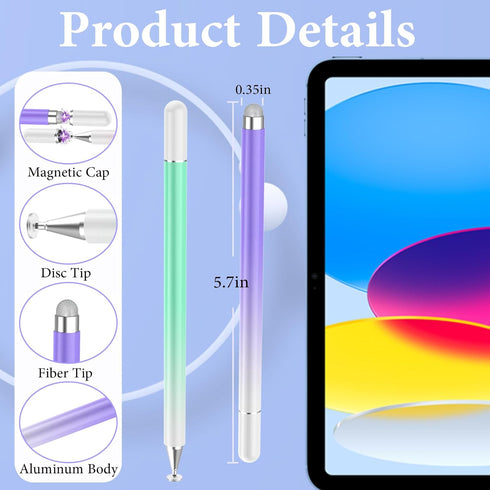 Stylus Pens for Touch Screens(2PCS), High Precision Magnetic Disc Universal Stylus Pen for iPad, 2-in-1 iPad Pen Compatible with iPhone/iPad/Android Tablets and Most Touch Screen(Green/Purple)