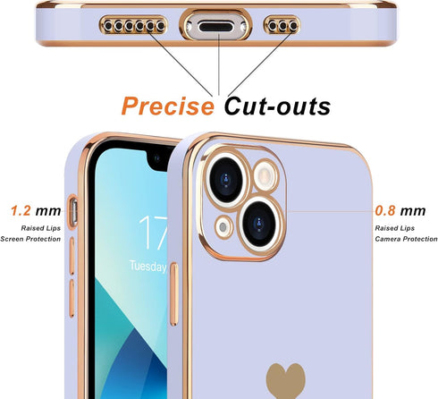 Teageo iPhone 13 Case for Girls Women, Cute Love-Heart Luxury Bling Plating Soft Back Cover - Purple