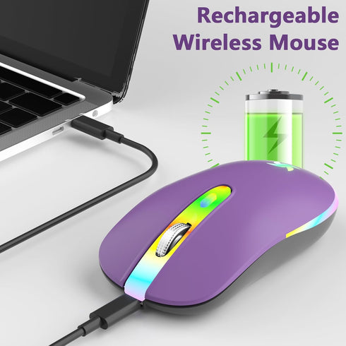HZD LED Wireless Mouse - Slim Silent Rechargeable Optical Mouse with Type C Adapter, 3 Adjustable DPI Levels (Purple)