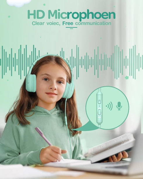 Kids Headphones for School, Toddler Wired with Microphone, Plug in Bulk for Boys and Girls 3+ Year Old Green