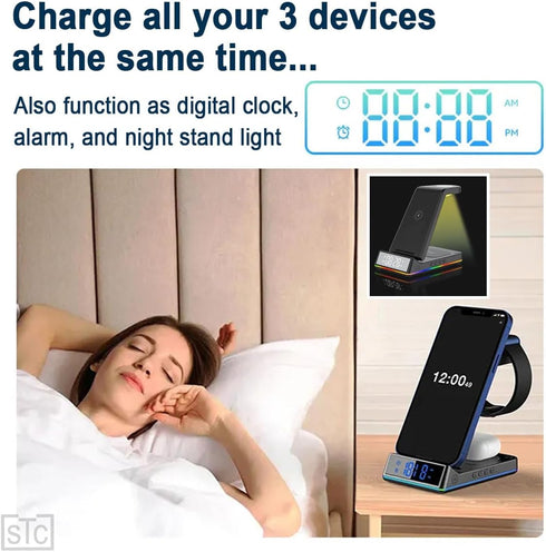 STC 5 in 1 Wireless Charger with Clock/Alarm and Night Light, 15W Qi Fast Charging Station Compatible with iPhone,