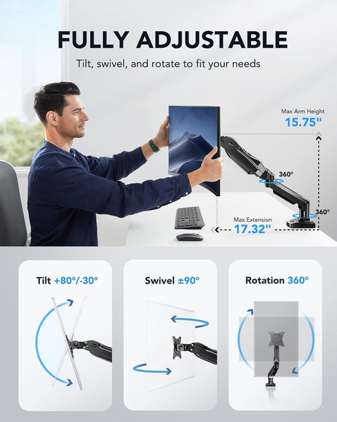 HUANUO Single Monitor Mount, 13 to 32 Inch Gas Arm, Adjustable Vesa Stand with Clamp and Grommet Base, Fits 4.4 to