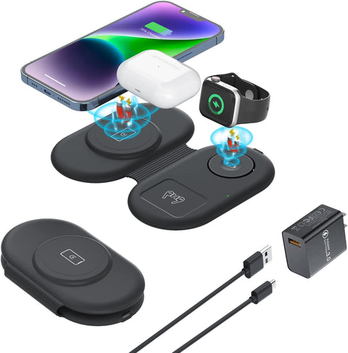 Wireless Charger 3 in 1, RELAXYO Travel Fast Wireless Charging Station for Apple, Compatible with iPhone 15/14/13/12/11