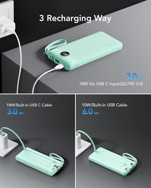 VRURC Portable Charger - 22.5W Fast Charging Power Bank USB C, 10000mAh, Built-in Cable, LED Display