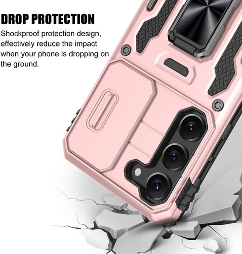 Shockproof Phone Case for Samsung Galaxy S23 with Sliding Camera Cover & Rotatable Ring Holder Kickstand + Tempered