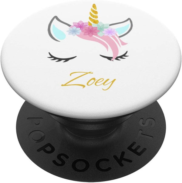 Zoey Name Gift White Personalized Unicorn PopSockets Grip and Stand for Phones and Tablets