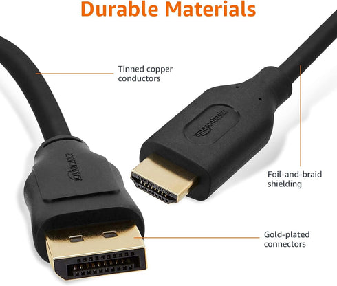 4k@30Hz, 1920x1200, 1080p, 10 Amazon Basics DisplayPort to HDMI Cable, Uni-Directional, Video and Audio, Gold-Plated