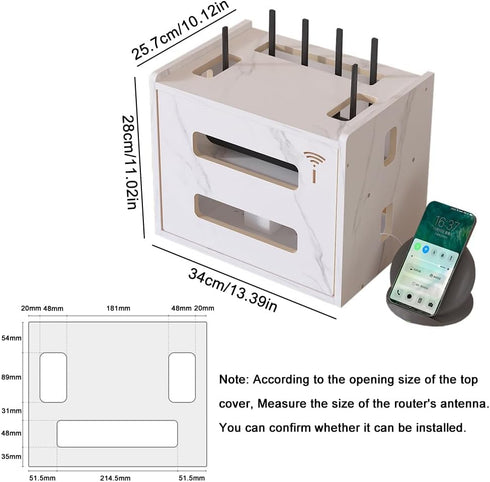 W WWEENUO Wooden Router Shelf, Desktop WiFi Router Storage Box Modem Rack Cover Power Strip and Cable Management Hider