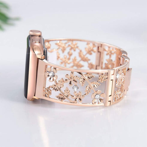Floral Band Compatible with Apple Watch, Bling Crystal Bracelet, 42mm 44mm 45mm 46mm 49mm, Cute Women Wristband