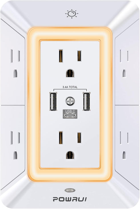 Multi Plug Outlet Surge Protector, POWRUI 6 Outlet Extender with 3 USB Ports and Night Light