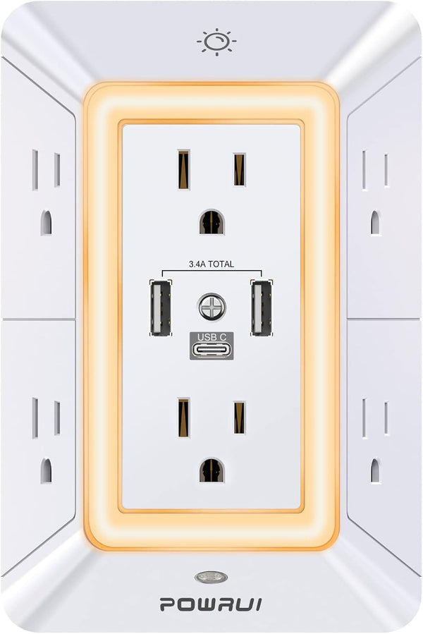Multi Plug Outlet Surge Protector, POWRUI 6 Outlet Extender with 3 USB Ports and Night Light