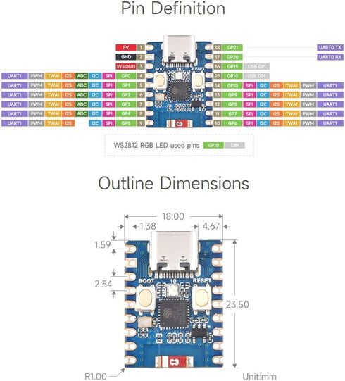 Waveshare ESP32-C3 Mini Development Board, Based on ESP32-C3FN4 Processor, 160MHz, 2.4GHz Wi-Fi & Bluetooth 5
