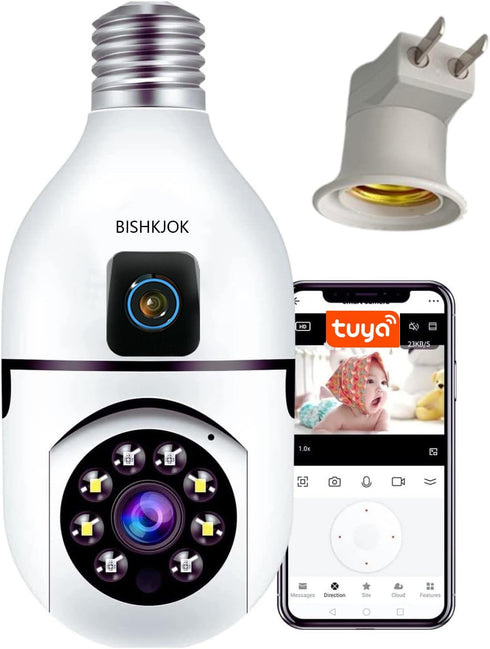 BISHKJOK 6MP Dual-Lens Light Bulb Security Camera, TUYA Indoor 360 Pan/Tilt WiFi Cam