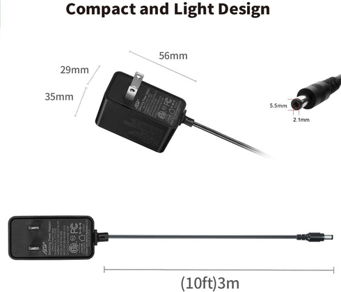 Tonton 12V 1A 10ft AC/DC Power Supply Adapter Cord - Wall Charger for LED Strip Light, CCTV Camera, BT Speaker