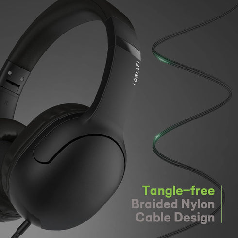 LORELEI E5 Wired Headphones for Kids - Foldable, Tangle-Free Nylon Wire, 3.5mm Jack, Stereo On-Ear (Space Black)