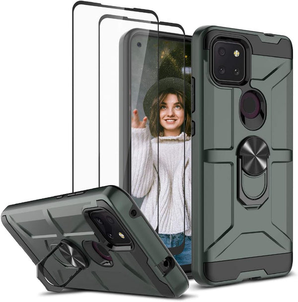 T-Mobile Revvl 5G Case with 2 Tempered Glass Screen Protector, Full Body Hybrid Hard Case with Kickstand, Midnight Green