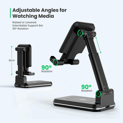2 in 1 Wireless Charger, Dual Wireless Charging Desk Phone Stand, 10W Qi Fast-Charging Foldable Tablet Stand for iPhone