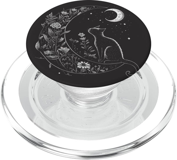 Cat Sitting on Crescent Moon Flowers Stars Drawing, PopSockets PopGrip for MagSafe