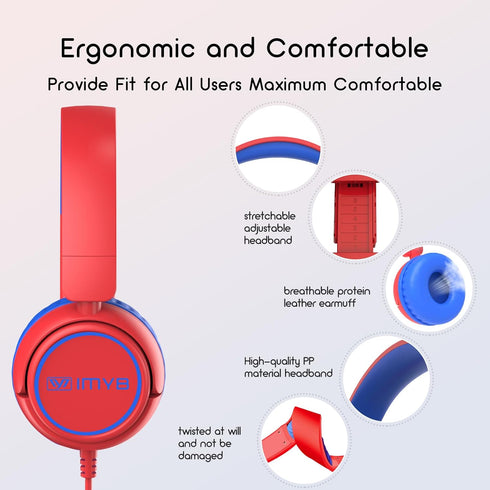Kids Headphones Wired, Stereo Foldable Tangle-Free 3.5mm Jack Adjustable On-Ear Headphones for