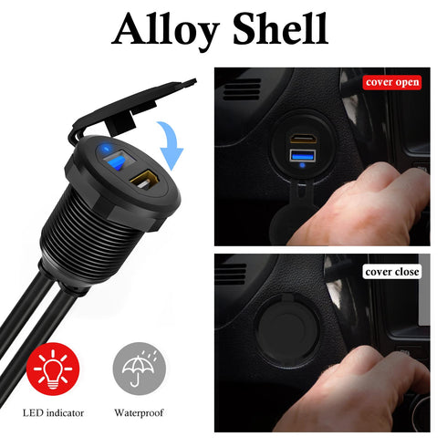 BATIGE USB 3.0 HDMI Car Mount Flush USB Port Cable, Alloy Shell Dash Panel Extension Cable with LED Indicator, 3ft