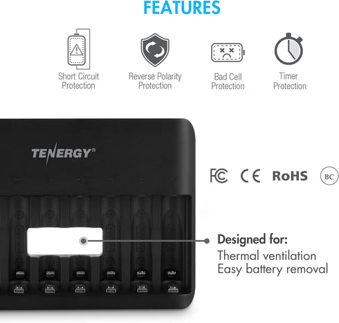 Tenergy TN477U 8-Bay Quick Charger for AA/AAA Rechargeable Batteries